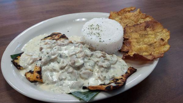 Chicken with mushroom sauce, plantains and rice.