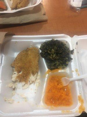 Fried fish, mustard greens and yams