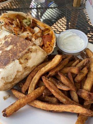 Buffalo chicken wrap and hand cut fries