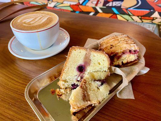 Cappuchino, blueberry coffee cake, raspberry lemon scone