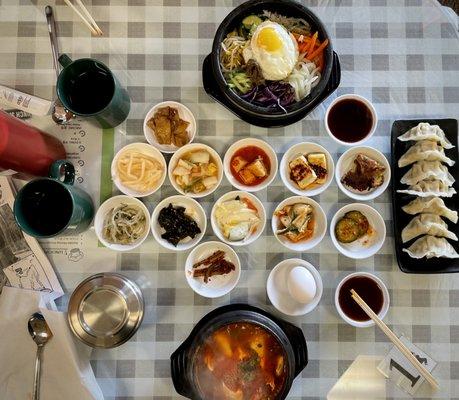 Saturday banchan with seafood sundunu and bibimbap.