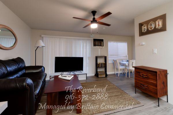 Studio living space with a large patio.