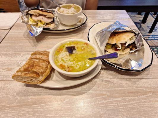 Sabich, green chili,  Half Sandwich and Soup Combo