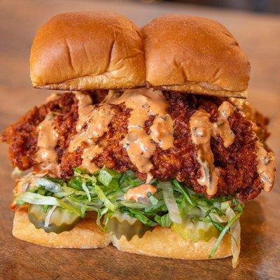 BAD MUTHA CLUCKA (HOT) - Nashville style fried chicken tenders, pickles, lettuce, secret sauce; served on King's Hawaiian rolls