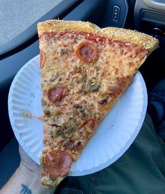 Meat lovers slice.  Yum!