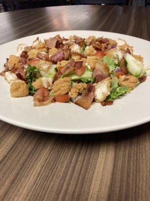 Chicken Salad with Blue Cheese, Bacon and Apple bits. With a sweet vinaigrette.