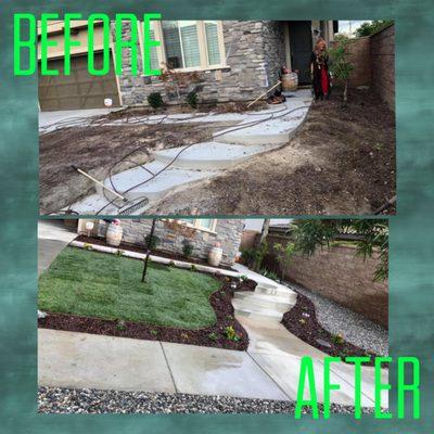 Made an entire landscaping adding mulch, plants, and gravel also installed new grass  
Added sprinkler system