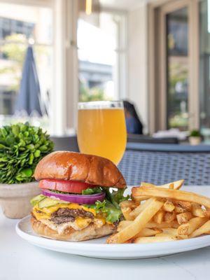 Classic Double Patty Cheeseburger with lettuce, tomato, red onion, bistro sauce,
bread & butter pickles, served with fries