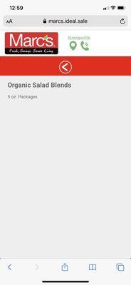 Weekly ad showing that 5oz organic salad blends are 2 for 4 dollars...