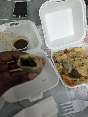 Callaloo spring rolls, jerk sauce and mixed vegetables