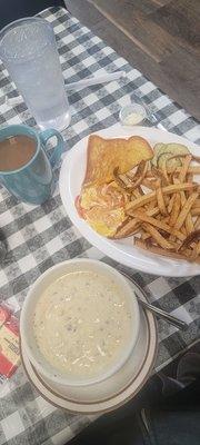 Wild rice and chicken soup grilled cheese and fries