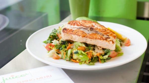 Salmon Salad - choose grilled (pictured) or blackened salmon over romaine lettuce, tomatoes, shredded carrots, and avocado