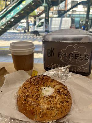 Vegan scallion cream cheese on a everything bagel!!! With hot tea