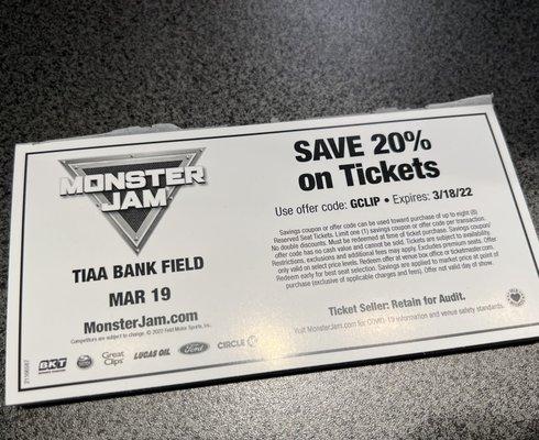 Discounted Monster Jam coupons available at counter