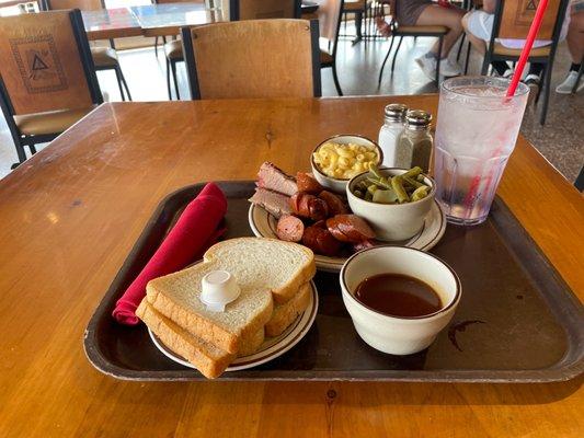 Two meat plate (Brisket & Sausage) with Macaroni & Cheese