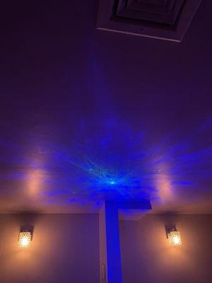 Blue mood lighting on the ceiling