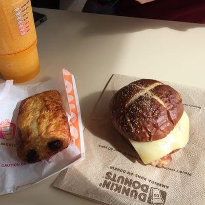 Minute maid coolatta, chocolate croissant, pretzel chicken sandwich