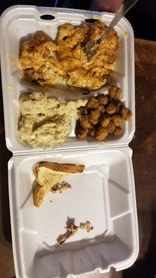 Chicken fried chicken, mashed potatoes, fried okra, tx toast, and 2 bones found in mashed potatoes