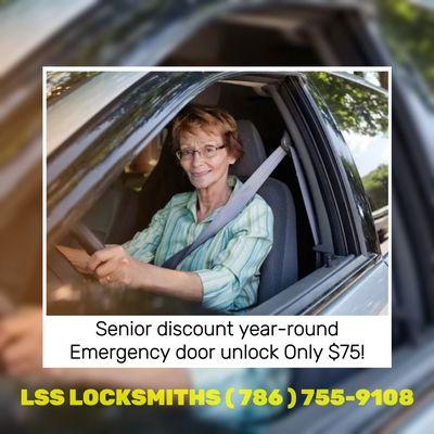 Senior family discount year-round! Pay only $75 for emergency car unlock services 24/7