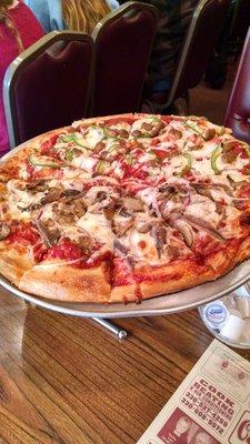 Large pizza half with anchovies, mushroom & onion the other half with sausage, green pepper & onion