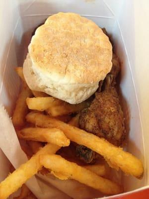 3 piece chicken special with fries, biscuit and drink. $5.45