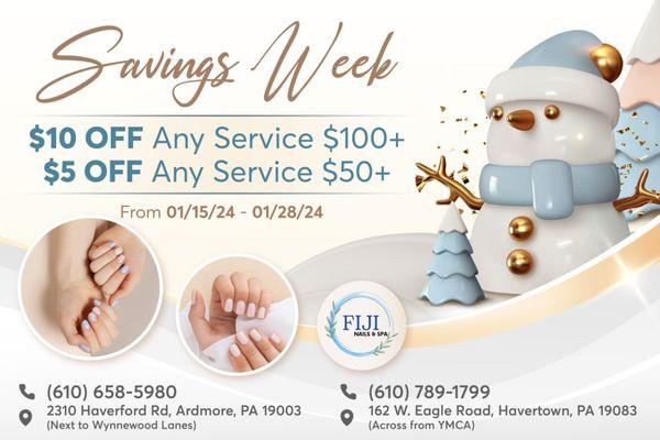 SAVINGS WEEK
$10 OFF Any Service $100+
$5 OFF Any Service $50+
From 01/15 to 01/28