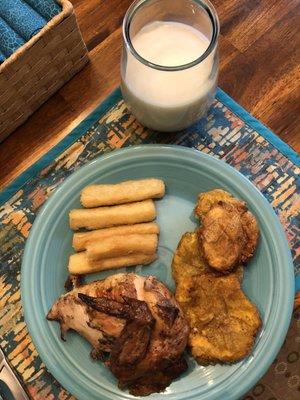 1/4 White Chicken, Yuca Fries, Tostones & Horchata (Plated at home)