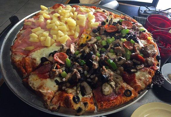 Large pizza half meat lovers half Hawaiian.