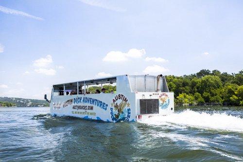 The Hydra Terra vehicle switches from bus to boat as it cruises through beautiful Lake Austin!