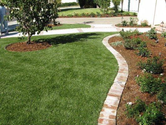 Create a beautiful area combining synthetic turf, trees, drought tolerant landscaping and hardscaping.