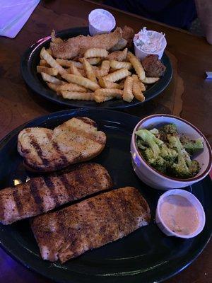 blackened mahi-mahi and fried flounder.