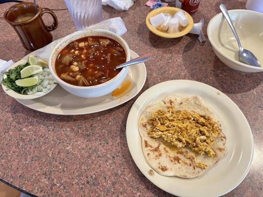 I ordered a small menudo and a chorizo/egg taco.