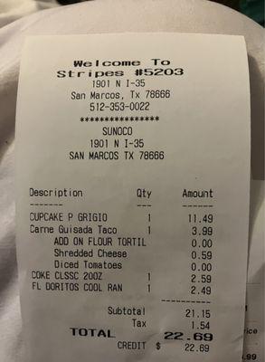 Receipt for taco lunch and a bottle of wine. 01JAN24