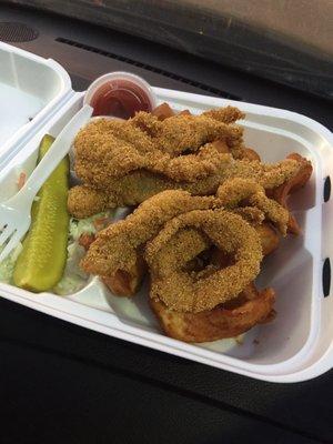 Large catfish plate with hush puppies, slaw and fries!