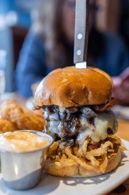 Ron Burgundy Burger w/ Onion Rings ($20 + $2.50/Rings)