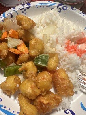 Sweet & sour chicken w/ white rice.