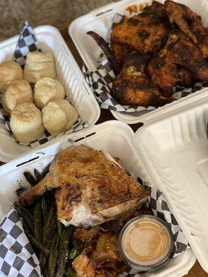 6 Rotisserie Wings, Buttermilk Biscuits, 1/4 Rotisserie, Teriyaki Green Beans, Smashed Fried Potatoes