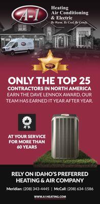 A-1 Heating and Air receives top contractor award. Idaho's #1 HVAC contractor.