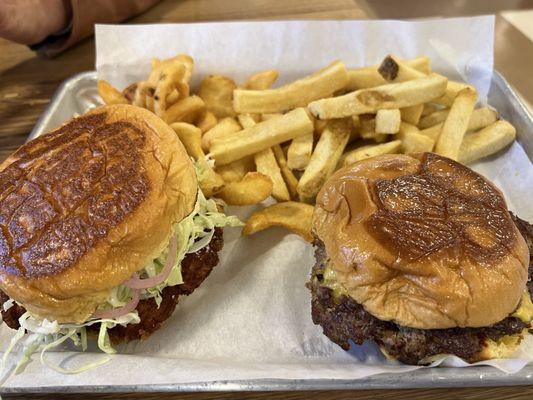 Fried chicken and onion smash burger.