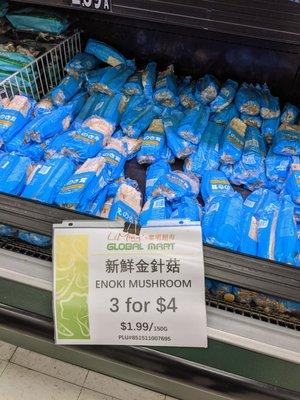 Enoki mushroom. 3 for $4 or $1.99 per 150 grams.