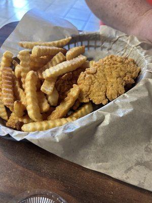 Chicken strips, fries don't forget the homemade ranch dressing.