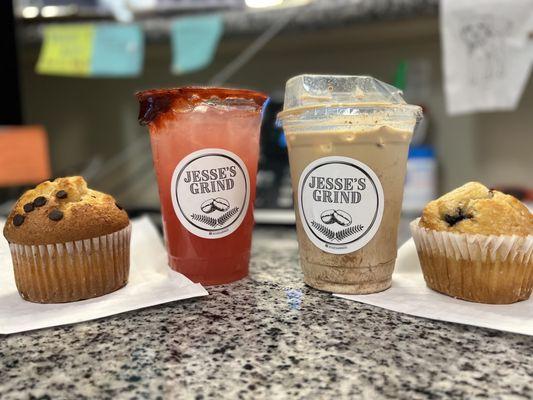 Watermelon Lemonade, Iced Dirty Horchata Latte, chocolate muffin & blueberry muffin.