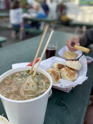 Pork rice noodle soup, pork buns, spring rolls