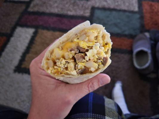 Steak and egg breakfast burrito. Very tasty. Will order again