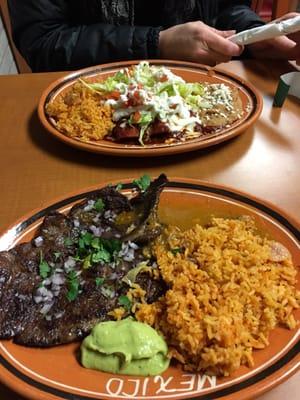 Top: enchiladas with red and green sauce. Bottom: carne asada plate.