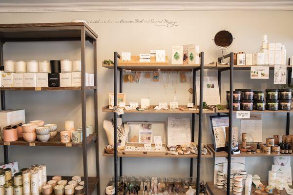 Check out our gift shop stocked with candles, jewelry, skincare, herbal teas and tinctures, cbd creams and gummies, + more.