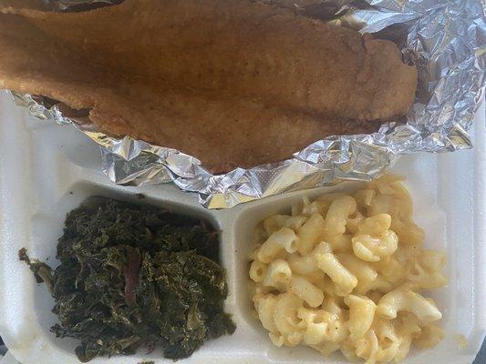 Fried Fish Dinner $15.10 Only one piece of fish, Mac & cheese, and collard greens