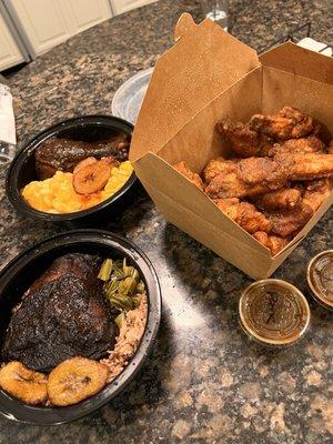 Jerk, chicken, tropical wings, and Gouda mac & cheese