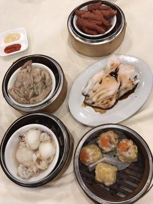 Shumai, chicken feet, octopus(?), and others..