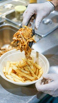 fries topped with chicken